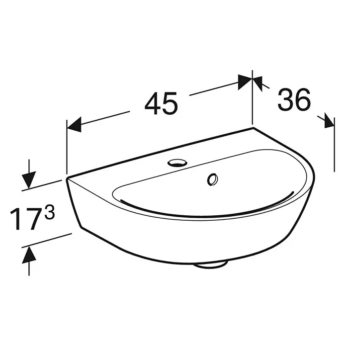 Geberit Renova Waschbecken - 45 x 36 cm, Mit schmutzabweisender Glasur, Hahnloch: Mitte, Mit Überlauf, Weiß - Bild eines Waschtischs mit den Maßen 45 cm Breite, 36 cm Tiefe und 17,3 cm Höhe, präsentiert in einer technischen Zeichnung.