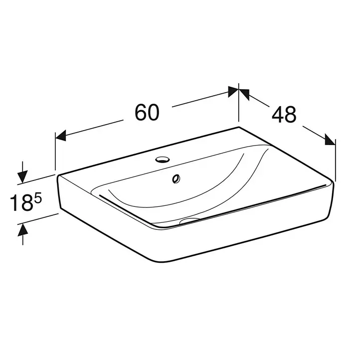 Geberit Renova Plan Waschtisch - 60 x 48 cm, Mit schmutzabweisender Glasur, Hahnloch: Mitte, Mit Überlauf, Weiß - Schemazeichnung eines Waschbeckens mit den Maßen 60 x 48 x 185. Die Zeichnung zeigt die Frontansicht des Keramikwaschbeckens.