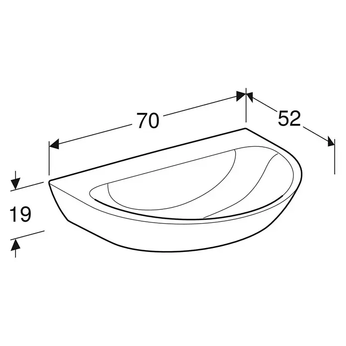 Geberit Renova Waschtisch - 70 x 52 cm, Ohne Spezialglasur, Hahnloch: Ohne, Ohne Überlauf, Weiß - Schema des Waschbeckens mit Abmessungen. Das Waschbecken ist halbelliptisch und die Maße sind 70 x 52 x 19 cm.\n