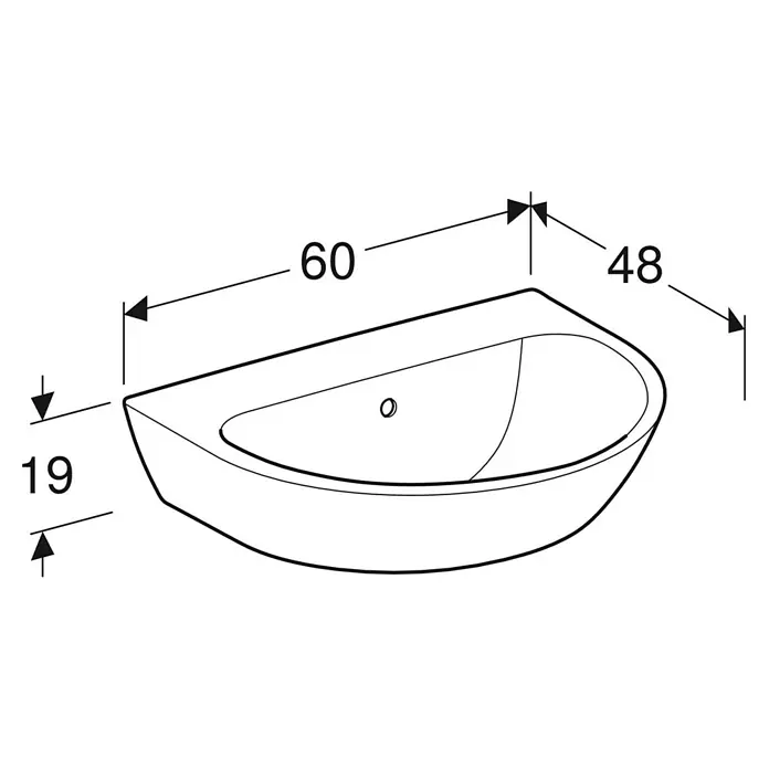 Geberit Renova Waschtisch - 60 x 48 cm, Mit schmutzabweisender Glasur, Hahnloch: Ohne, Mit Überlauf, Weiß - Eine skizzenhafte Darstellung eines Aufsatzwaschbeckens mit den Maßen 60 x 48 x 19. Das Waschbecken ist halbrund geformt und hat einen mittigen Abfluss.