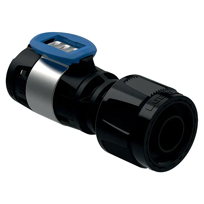 Geberit FlowFit Press-Übergangsstück mit Masterfix 620.290.00.1 - Durchmesser: 16 x 20 mm - Ein schwarzes Legris Schnellmontage-Fitting mit einem blauen Clip und einer silbernen Metallmanschette für eine sichere Verbindung.