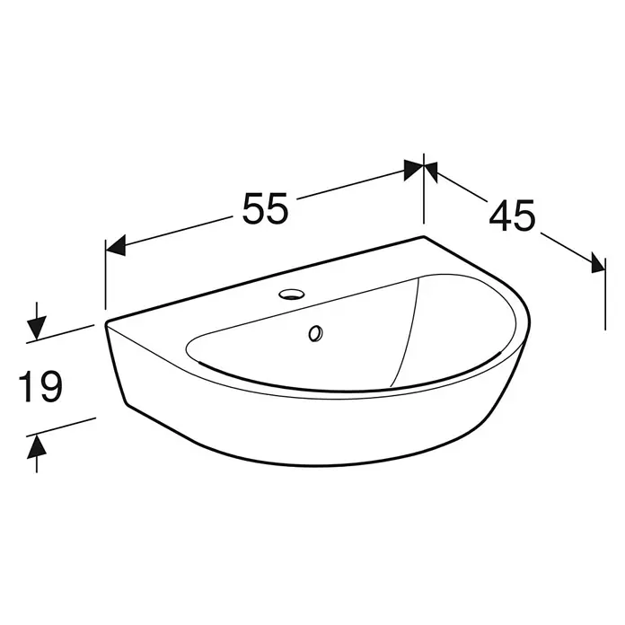 Geberit Renova Waschtisch - 55 x 45 cm, Ohne Spezialglasur, Hahnloch: Mitte, Mit Überlauf, Weiß - Abbildung eines Waschbeckens mit den Maßen 55, 45 und 19 zur Veranschaulichung der Größe und der Form des Produkts.