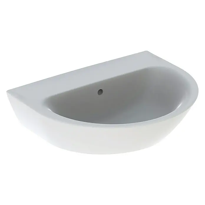Geberit Renova Waschtisch - 60 x 48 cm, Mit schmutzabweisender Glasur, Hahnloch: Ohne, Mit Überlauf, Weiß - Ein weißes Waschbecken mit einer runden Form, das sich ideal für moderne Badezimmer eignet, bietet eine stilvolle und funktionale Lösung.