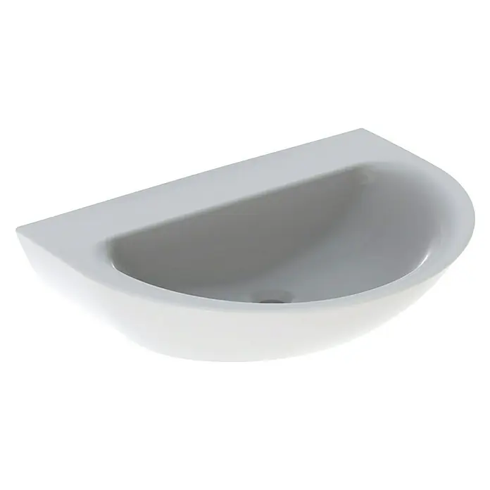 Geberit Renova Waschtisch - 70 x 52 cm, Ohne Spezialglasur, Hahnloch: Ohne, Ohne Überlauf, Weiß - Ein weißes, modernes Waschbecken mit abgerundeten Formen, ideal für ein stilvolles Badezimmer.
