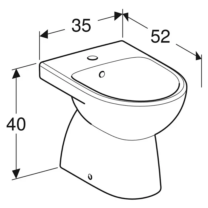 Geberit Renova Stand-Bidet - 35 x 52 cm, Weiß, Keramik, Ohne Spezialglasur - Technische Zeichnung eines Bidet mit den Maßen 35 x 52 x 40 cm, dargestellt in einer klaren, detaillierten Strichzeichnung.