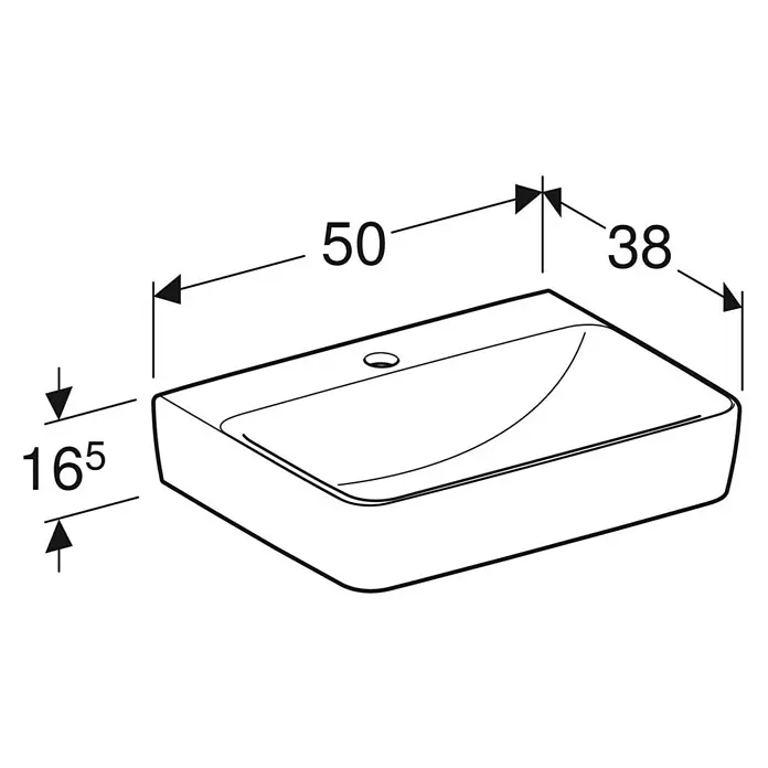 Geberit Renova Plan Waschbecken - 50 x 38 cm, Mit schmutzabweisender Glasur, Hahnloch: Mitte, Ohne Überlauf, Weiß - Produktabbildung eines Waschtisches mit Maßangaben für Installationszwecke im Badezimmer.