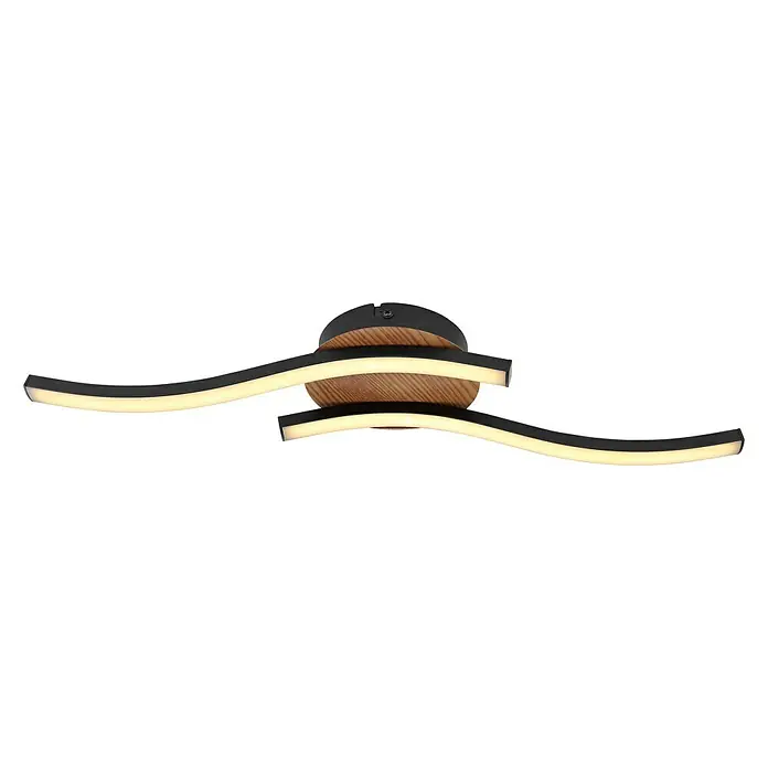 Globo LED-Deckenleuchte EVITA - 12 W, L x B x H: 51 x 13 x 7,5 cm, Schwarz, Warmweiß - Moderne Deckenleuchte mit geschwungenen LED-Lichtern und einem Holzdetail in der Mitte, perfekt für stilvolle Innenräume.
