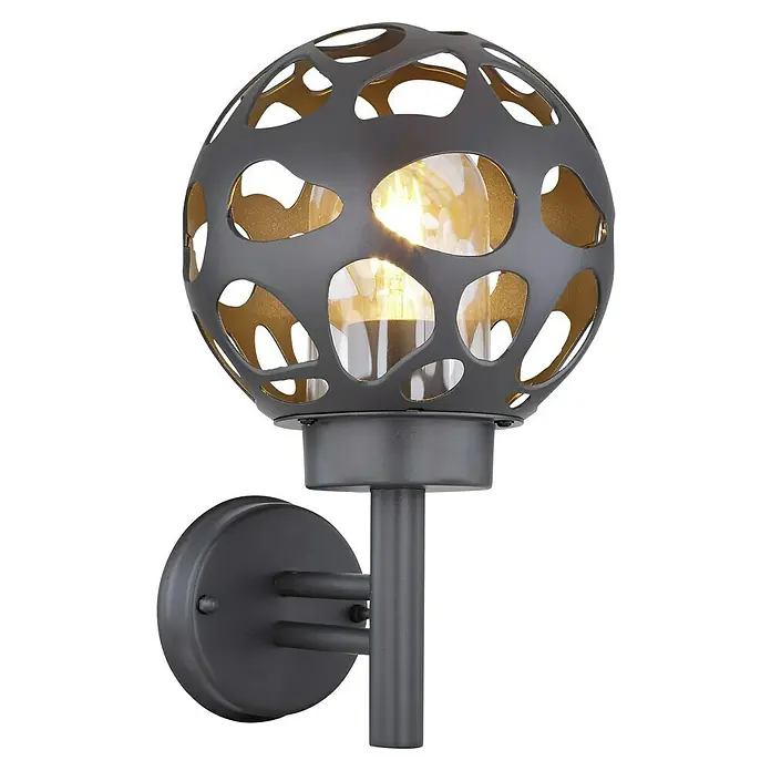 Globo Außenwandleuchte - 15 W, L x B x H: 20 mm x 20 cm x 32,7 cm, Anthrazit, IP44, Ohne Leuchtmittel - Wandleuchte mit einem kugelförmigen Schirm und dekorativen Aussparungen in Grau und Gold. Elegantes Design für Innenräume.