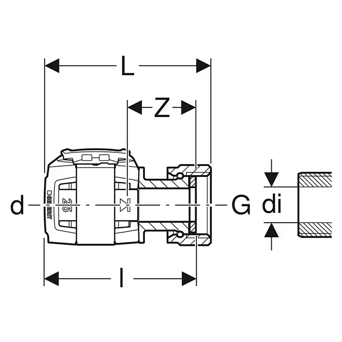 Geberit FlowFit Press-Übergangsstück mit Überwurfmutter 620.640.00.1 - Durchmesser: 16 mm, Innengewinde: ¾″ - Produktzeichnung eines Winkelstücks mit den Maßen L, Z, d, l und G di. Technische Details des Fittings dargestellt.