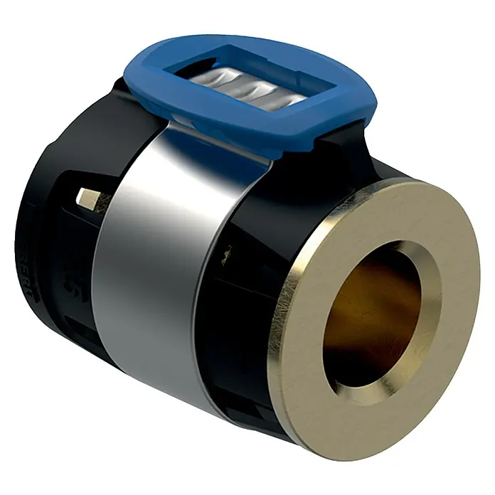 Geberit FlowFit Endstopfen 620.740.00.1 - Durchmesser: 16 mm - Ein hochdetailliertes Bild einer Rohrkupplung mit einem blauen Verschluss, das die Konstruktionsqualität und Präzision des Produkts hervorhebt.