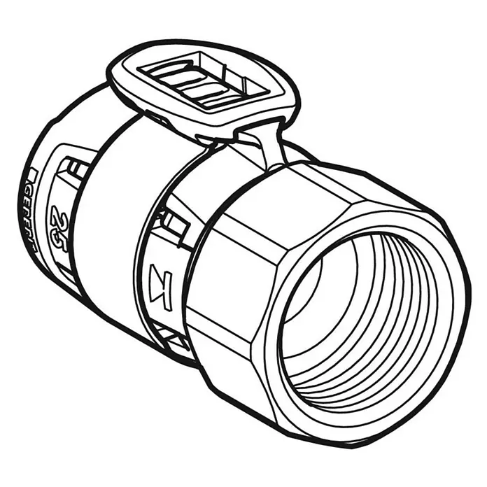 Geberit FlowFit Press-Übergangsnippel 620.410.00.1 - Durchmesser: 16 mm, Innengewinde: ½″ - Eine detaillierte Schwarz-Weiß-Zeichnung eines Geberit-Verbinderstücks mit einem Drehgriff und Gewinde.