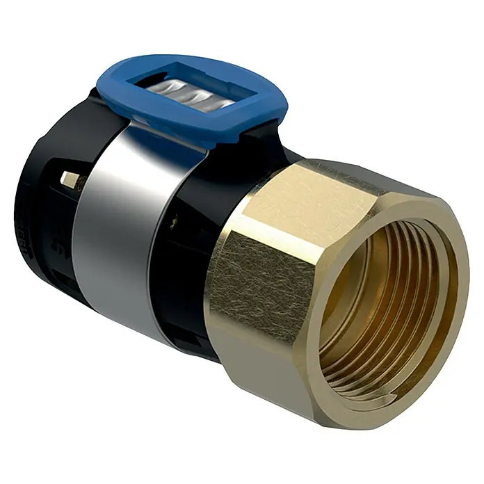 Geberit FlowFit Press-Übergangsnippel 620.410.00.1 - Durchmesser: 16 mm, Innengewinde: ½″ - Nahaufnahme einer Messingrohrverschraubung mit blauer Klemme und silberfarbenem Ring auf schwarzem Hintergrund.