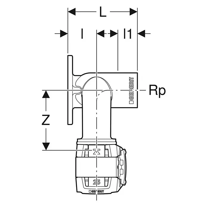 Geberit FlowFit Press-Doppel-Anschlusswinkel 620.830.00.1 - Innengewinde: ½″, 16 mm - Schema des Geberit Geräteanschlusses mit den Maßen L, I, I1, Z und Rp für Installationszwecke.