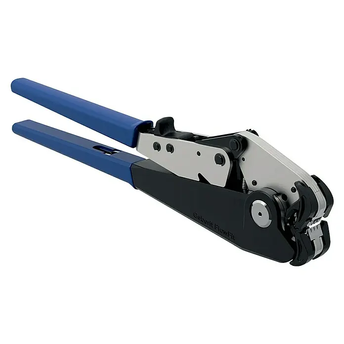 Geberit FlowFit Handpresszange 691.030.00.1 - Passend für: Verbundrohre 16-40 mm - Bild einer Geberit FlowFit Presszange mit blauen Griffen und schwarzem Korpus, ideal für Sanitärinstallationen.