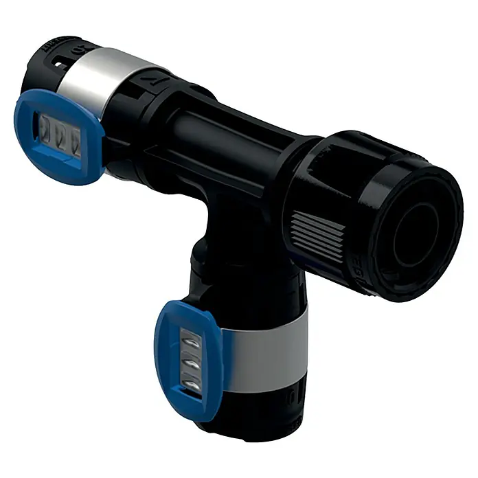 Geberit FlowFit Press-T-Stück mit MasterFix 620.781.00.1 - Durchmesser: 20 mm, 20 x 20 x 20 mm - Ein T-Stück-Fitting in Schwarz, Silber und Blau. Es ist ein hochwertiges Verbindungsstück für verschiedene Anwendungen.