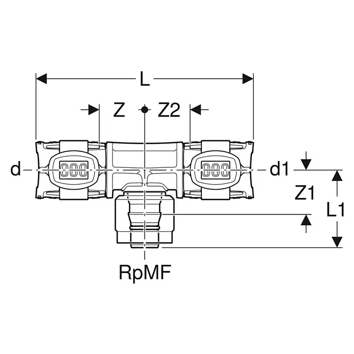 Geberit FlowFit Press-T-Stück Übergang mit MasterFix 620.391.00.1 - 3 x 20 mm, Durchmesser: 20 mm - Technische Zeichnung eines Sanitärprodukts mit Maßangaben und Kennzeichnungen für Installateure und Planer.