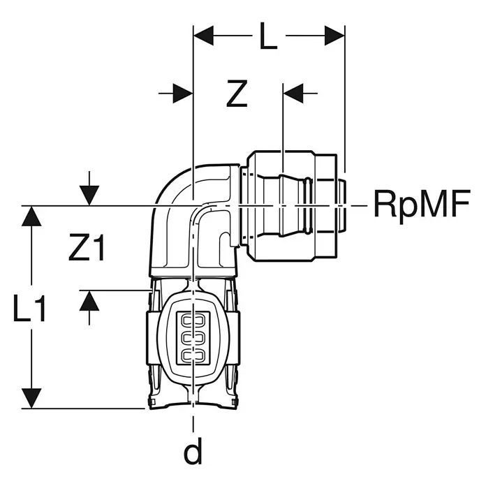 Geberit FlowFit Press-Übergangswinkel mit MasterFix 620.490.00.1 - Durchmesser: 16 x 20 mm, 90 ° - Schematische Darstellung eines Eckverbinders mit Maßangaben, ideal für technische Dokumentationen und Produktbeschreibungen.
