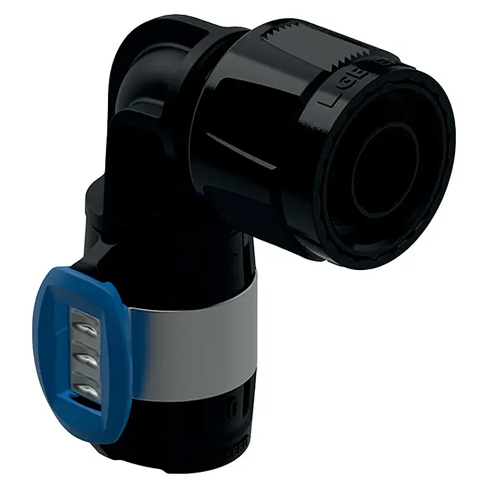 Geberit FlowFit Press-Übergangswinkel mit MasterFix 620.490.00.1 - Durchmesser: 16 x 20 mm, 90 ° - 90-Grad-Winkelverbinder mit blauer Arretierung und silberfarbenem Band, ideal für schnelle Verbindungen in Rohrleitungssystemen.