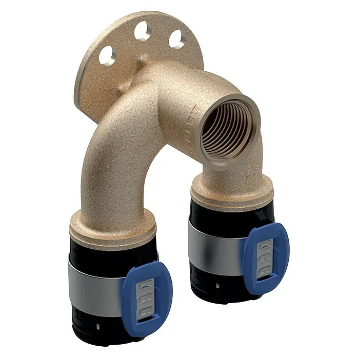 Geberit FlowFit Press-Doppel-Anschlusswinkel 620.830.00.1 - Innengewinde: ½″, 16 mm - Winkelstück mit Flansch und Anschluss, ideal für Rohrleitungen. Aus robustem Material gefertigt, ermöglicht es eine sichere Verbindung.