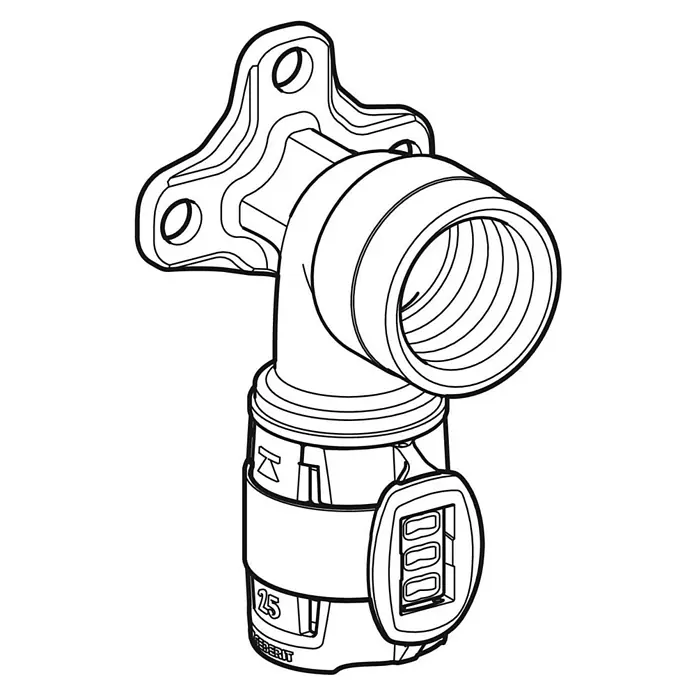 Geberit FlowFit Press-Anschlusswinkel 620.810.00.1 - Durchmesser: 16 mm, Länge: 5,2 cm - Das Bild zeigt eine Geberit Spülrohrverbindung 90°, ein Sanitärprodukt, mit Befestigungsflansch und Gewindeanschluss, in einer Schwarz-Weiß-Darstellung.