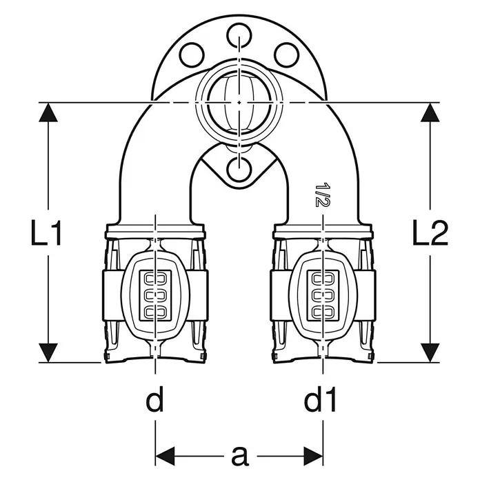 Geberit FlowFit Press-Doppel-Anschlusswinkel 620.830.00.1 - Innengewinde: ½″, 16 mm - Technische Zeichnung eines Y-Stück-Rohrverbinders mit Bemaßungen L1, L2, d, d1 und a für detaillierte Installationsplanung.