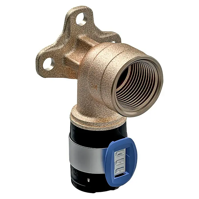 Geberit FlowFit Press-Anschlusswinkel 620.810.00.1 - Durchmesser: 16 mm, Länge: 5,2 cm - Produktabbildung eines Rohrbogens aus Messing mit Gewinde und Befestigungsflansch für Sanitärinstallationen.