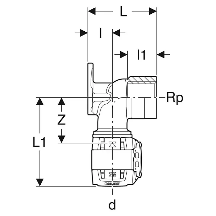 Geberit FlowFit Press-Anschlusswinkel 620.810.00.1 - Durchmesser: 16 mm, Länge: 5,2 cm - Detailzeichnung eines Eckventils mit Bemaßungen L, I, I1, Rp, Z, L1 und d zur Verdeutlichung der Produktabmessungen.