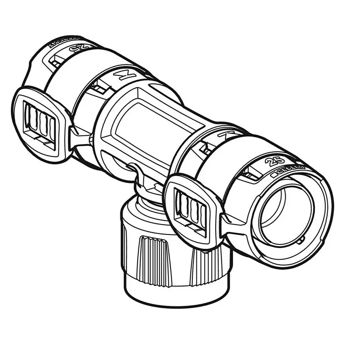 Geberit FlowFit Press-T-Stück Übergang mit MasterFix 620.391.00.1 - 3 x 20 mm, Durchmesser: 20 mm - Ein detailreiches Schwarz-Weiß-Bild eines robusten, abgewinkelten Rohrverbindungsstücks, das für industrielle Anwendungen konzipiert ist.