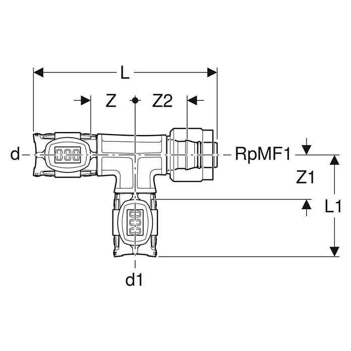 Geberit FlowFit Press-T-Stück mit MasterFix 620.781.00.1 - Durchmesser: 20 mm, 20 x 20 x 20 mm - Technische Zeichnung eines T-Stücks, das verschiedene Abmessungen wie L, Z1 und d1 zeigt.