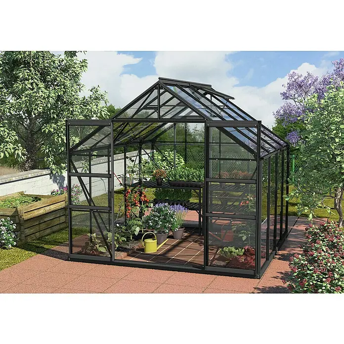 Vitavia Gewächshaus Mars 6700 Plus - Außenmaß inkl. Dachüberstand (B x T): 257 x 258 cm, 3 mm, Schwarz - Ein geräumiges Gewächshaus mit Pflanzen und Regalen, ideal für den Anbau verschiedener Gewächse im eigenen Garten.