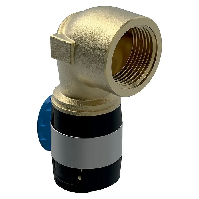 Geberit FlowFit Press-Übergangswinkel 620.540.00.1 - Durchmesser: 16 mm, Innengewinde: ½″ - Nahaufnahme eines Eckventils aus Messing mit blauer Armatur und schwarzem Gehäuse, das sich ideal für Sanitärinstallationen eignet.