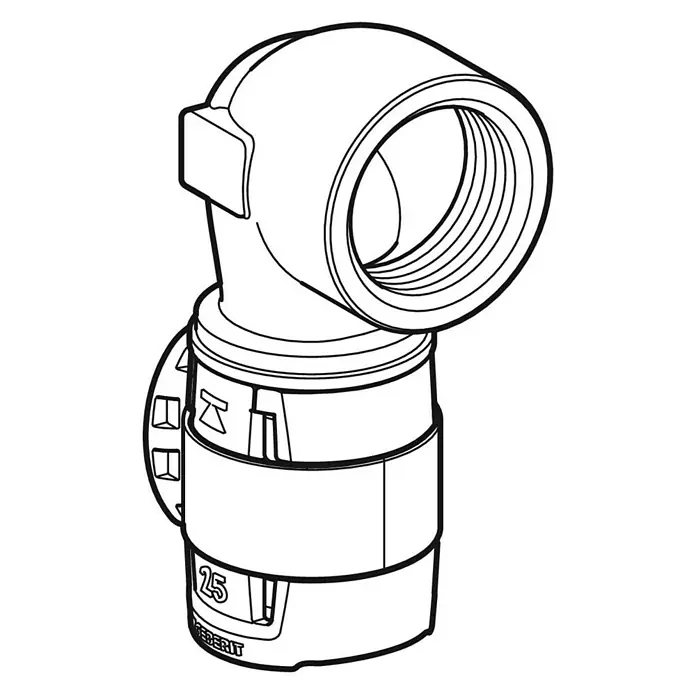 Geberit FlowFit Press-Übergangswinkel 620.540.00.1 - Durchmesser: 16 mm, Innengewinde: ½″ - Produktbild eines Geberit Winkelanschlusses 90°, ideal für Sanitärinstallationen. Robuste Bauweise für zuverlässige Verbindungen.