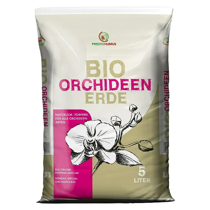 Presto Humus Bio Orchideenerde - 5 l - Eine Packung Bio-Orchideenerde von Prestohumus, ein torffreies Substrat für alle Orchideenarten, abgepackt in einem 5-Liter-Sack.