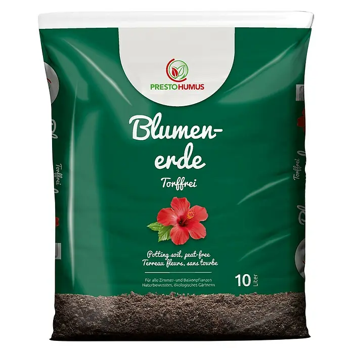 Presto Humus Blumenerde - 10 l - Sack Blumenerde von Presto Humus, torffrei, mit Hibiskusblüte. Ideal für Zimmer- und Balkonpflanzen, unterstützt naturbewusstes Gärtnern.