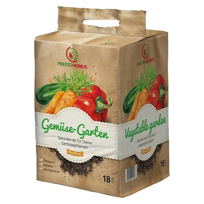 Presto Humus Spezialerde Gemüse-Garten - 18 l, Torffrei - Abbildung eines Sackes Presto Humus Gemüse-Garten Pflanzerde mit Gemüse-Motiven und Beschriftungen.
