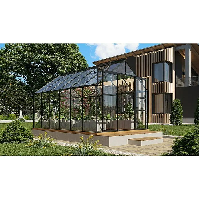 Vitavia Gewächshaus Mars 9900 - Außenmaß inkl. Dachüberstand (B x T): 257 x 383 cm, 3 mm, Schwarz - Dieses Bild zeigt ein modernes Gewächshaus mit Glaswänden und einem schwarzen Rahmen, umgeben von einem gepflegten Garten.