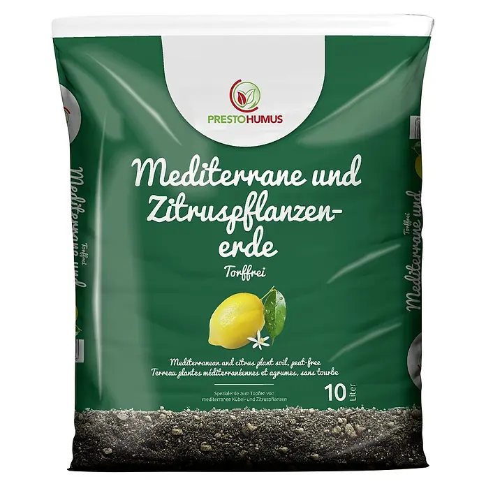 Presto Humus Mediterranpflanzenerde - 10 l - Abbildung einer 10-Liter-Packung PrestoHumus Mediterrane und Zitruspflanzenerde, torffrei, mit Zitrone und weißen Blüten.