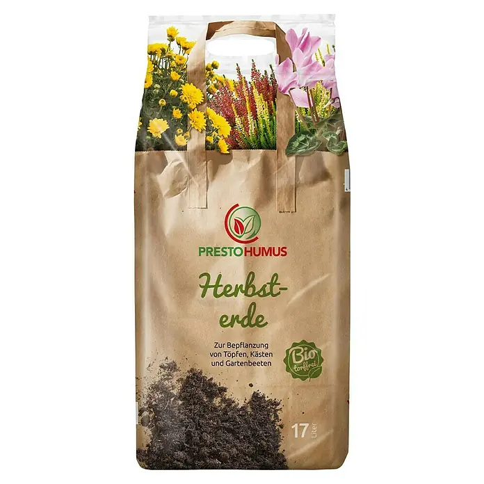 Presto Humus Bio Blumenerde - 17 l - Sack Presto Humus Herbst-Erde. Diese torffreie Bio-Blumenerde eignet sich für die Bepflanzung von Töpfen, Kästen und Gartenbeeten.