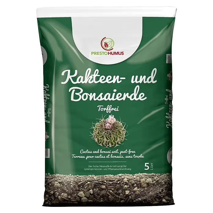 Presto Humus Kakteenerde - 5 l - Sack Presto Humus Kakteen- und Bonsaierde, torffreie Spezialerde für Kakteen und Bonsais, 5 Liter.