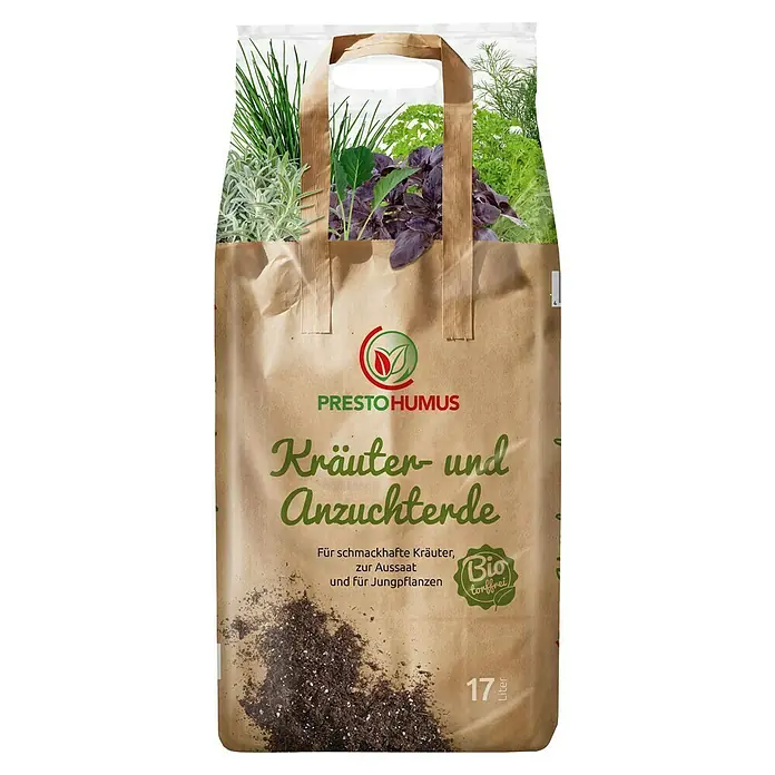 Presto Humus Bio Aussaat- & Kräutererde - 17 l - Ein Sack Presto Humus Kräuter- und Anzuchterde, ideal für Kräuter und Jungpflanzen. Bio-Qualität, torffrei und 17 Liter Inhalt.