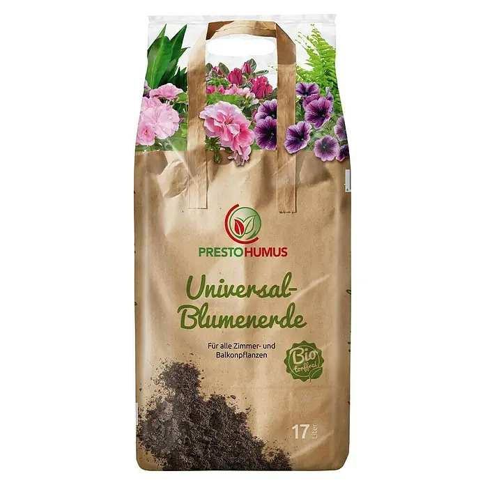 Presto Humus Bio Blumenerde für alle Zimmer- und Balkonpflanzen - 17 l - Ein Sack Presto Humus Universal-Blumenerde, ideal für Zimmer- und Balkonpflanzen, torffrei und mit 17 Litern Inhalt.