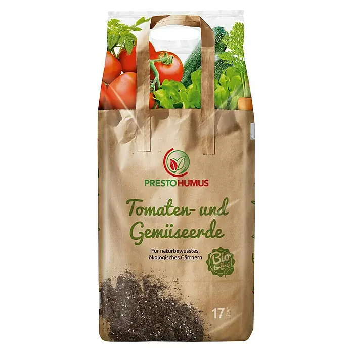 Presto Humus Bio Tomaten- & Gemüseerde - 17 l - Bild einer Presto Humus Tomaten- und Gemüseerde-Packung mit frischem Gemüse wie Tomaten und Zucchini.