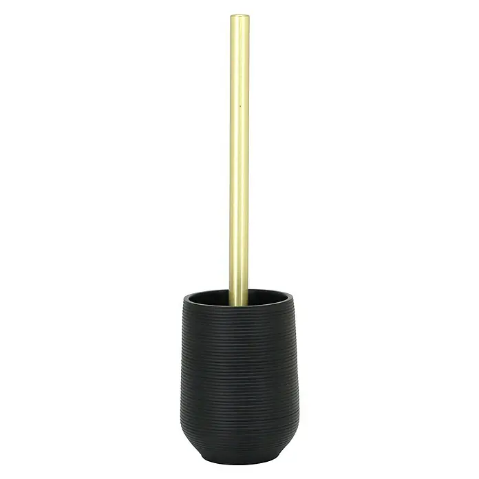 Aquasanit Ebony Escobillero de suelo - Poliresina, Negro/Dorado - Elegante juego de escobilla de baño con recipiente negro y mango dorado para una decoración de baño con estilo.