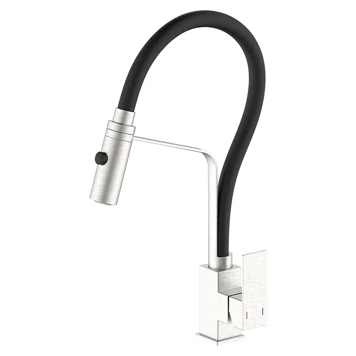 Grifo de cocina Portland - Negro/Cromo - Grifo de cocina en la imagen: un grifo de fregadero moderno y elegante con un acabado de níquel cepillado y un caño flexible negro.