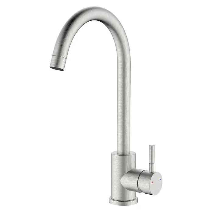 Grifo de cocina Bronx - Acero - Un elegante grifo de baño de níquel cepillado con un caño de arco alto y una sola manija para el control de temperatura y flujo.