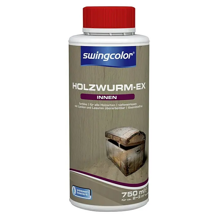 swingcolor Holzwurm-Ex - 750 ml - Abbildung einer Dose Swingcolor Holzwurm-Ex Holzschutzmittel, farblos, wasserbasiert und für den Innenbereich geeignet.