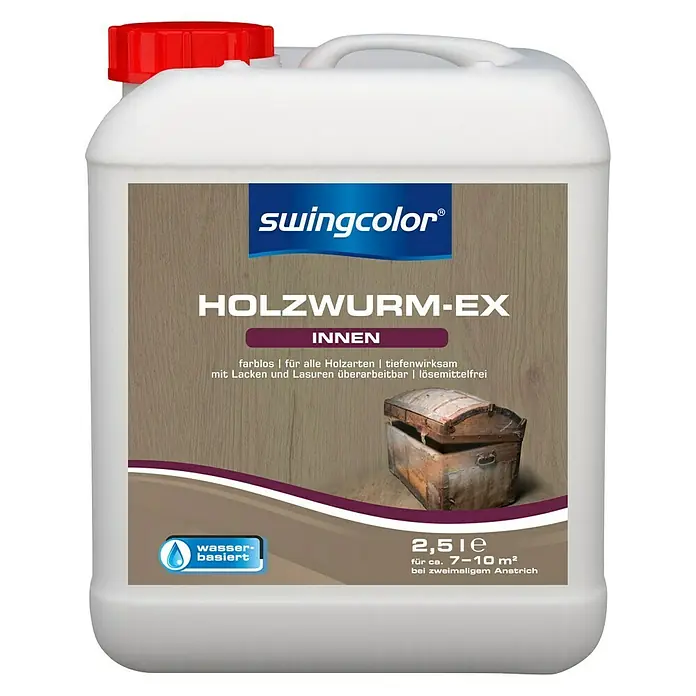 swingcolor Holzwurm-Ex - 2,5 l - Abbildung eines Kanisters Holzschutzmittel namens Holzwurm-Ex von Swingcolor.