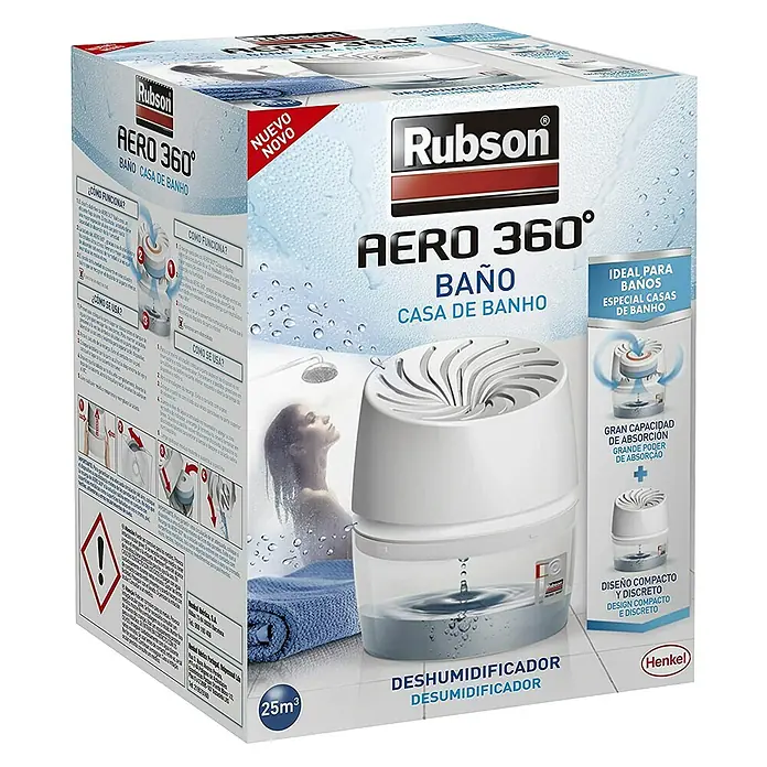 Rubson Deshumidificador Aero 360º Baño - Blanco - Embalaje del deshumidificador de baño Rubson AERO 360°, diseñado para el control de la humedad y la prevención del moho.