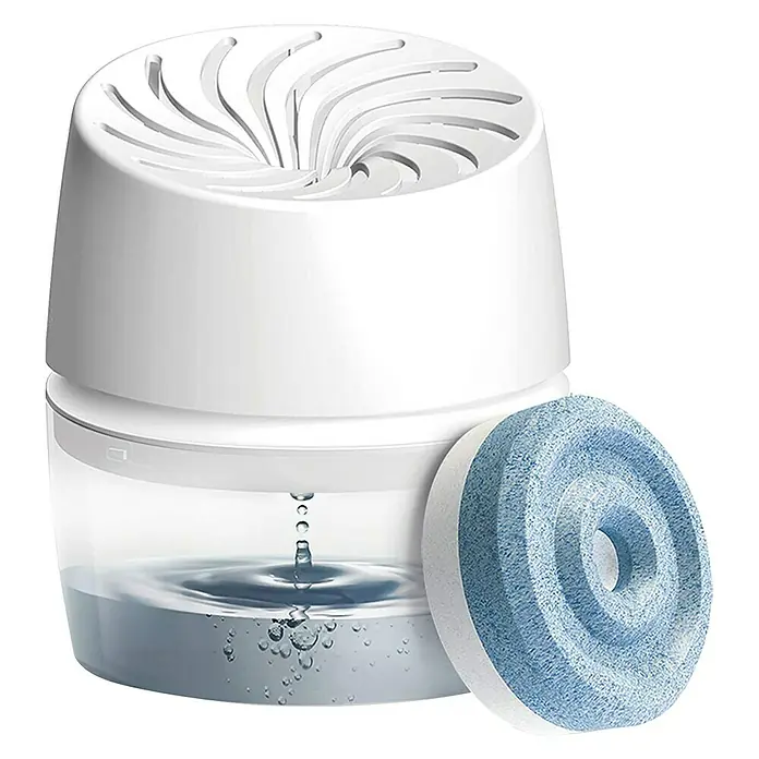 Rubson Deshumidificador Aero 360º Baño - Blanco - Imagen de un deshumidificador con un absorbente de humedad azul. Solución efectiva para reducir la humedad y prevenir el moho.