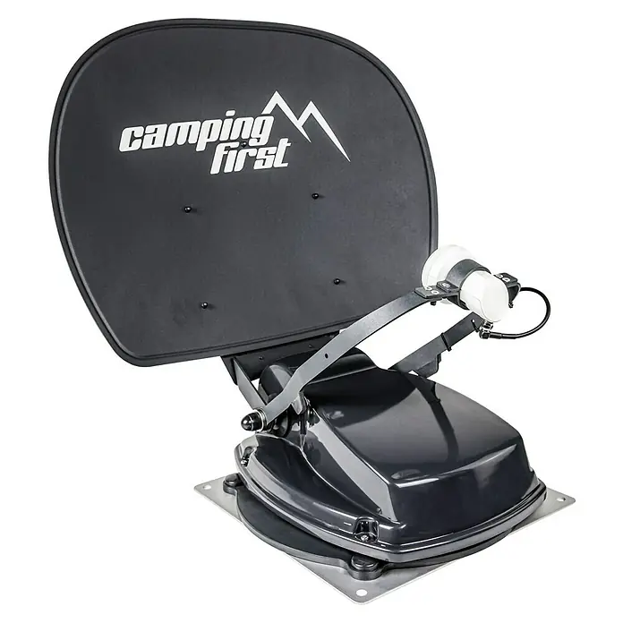 Camping First Satelliten-Antenne Satmex 55 plus - L x B x H: 58 x 60 x 16 cm, Anzahl Nutzer: 1, Anthrazit - Camping First Satellitenanlage mit schwarzer Antenne und weißem Logo, ideal für Campingausflüge und den Empfang von Satellitensignalen.